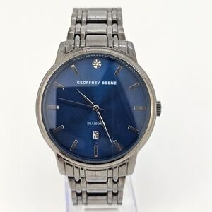 Geoffrey Beene Diamond Men Watch 42MM Blue Dial Date Black Band 7" New Battery